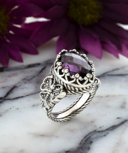 Amethyst Gemstone Filigree Art Double Butterfly Detailed Women Silver Statement Ring